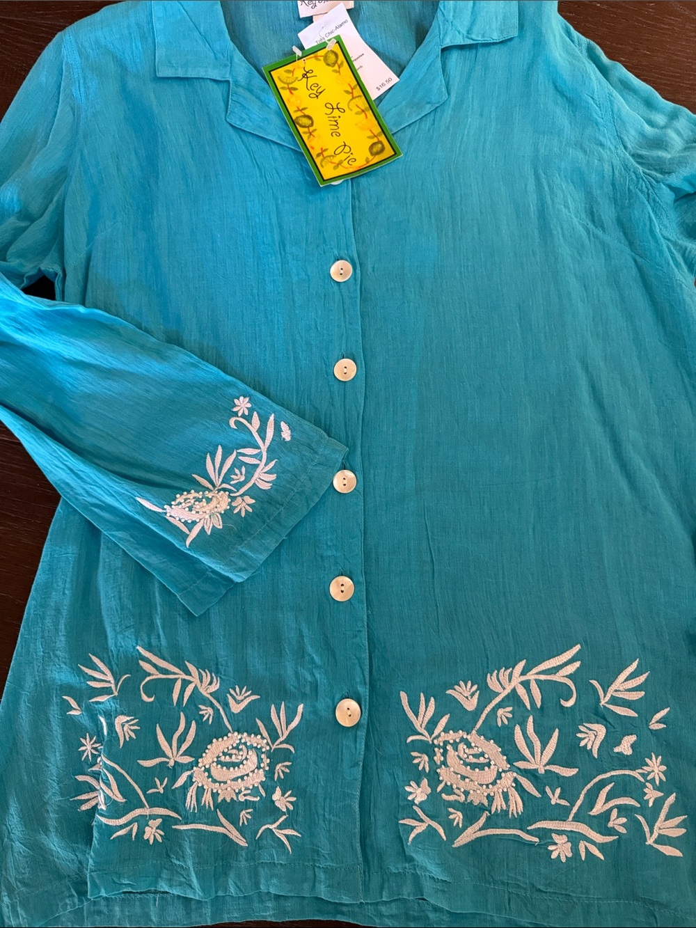 key lime Teal Embroidered Button-Front Women's Top, beaded and embroidered